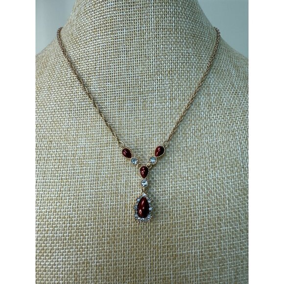 Gold-Tone Red Teardrop & Clear Crystal Pendant Necklace By Charter Club 18" Adju - Picture 8 of 8